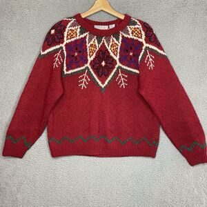 Vintage Northern Isles Hand Knit Sweater Sz L Red Fair Isle Ski 80s 90s